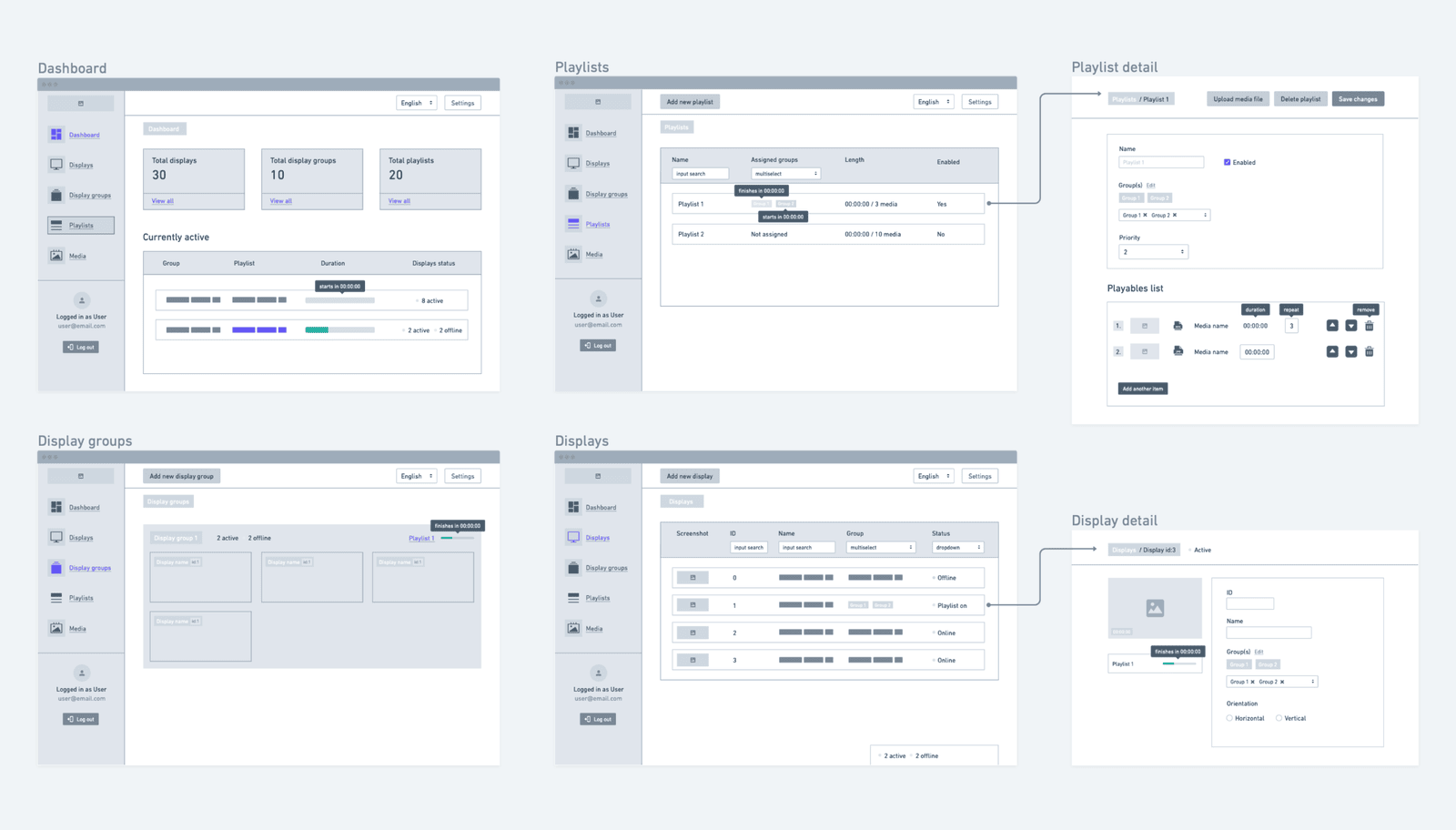 Bohemica Signage wireframe mockups showing multiple screens