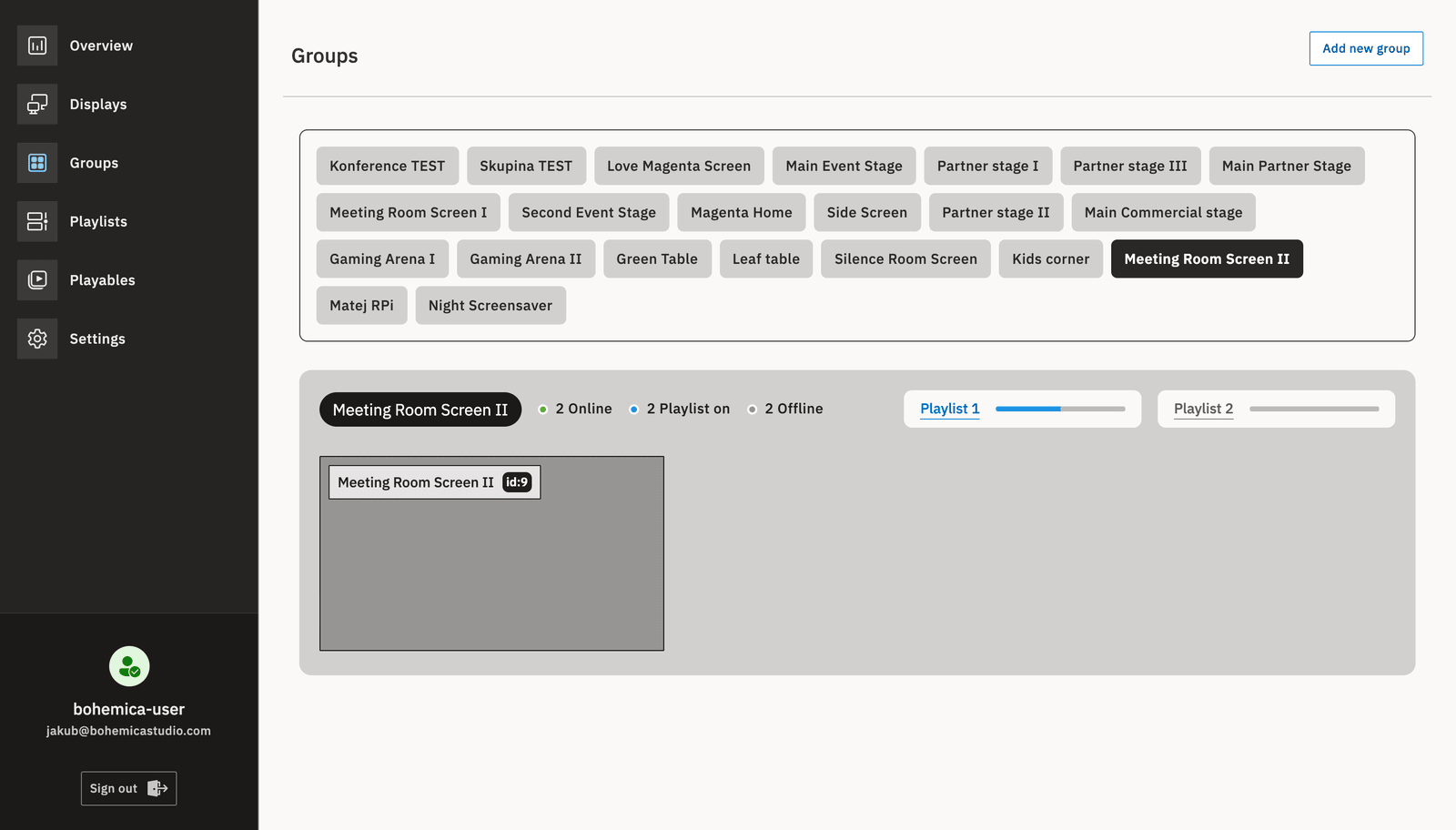 Bohemica Signage groups management screen