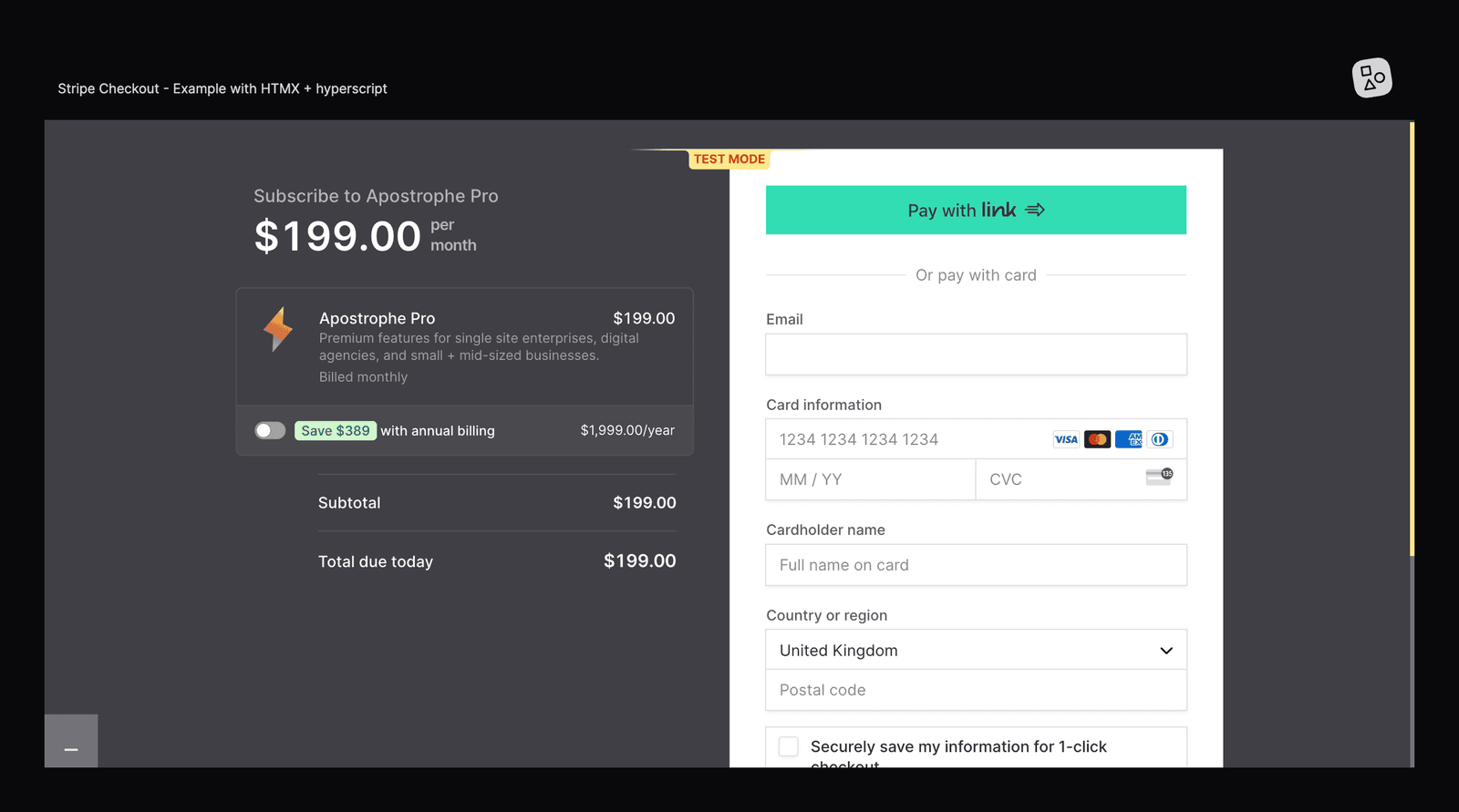 Stripe store built with HTMX - shopping cart view
