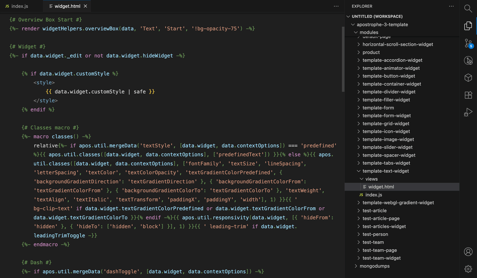 ApostropheCMS template widget code editor interface