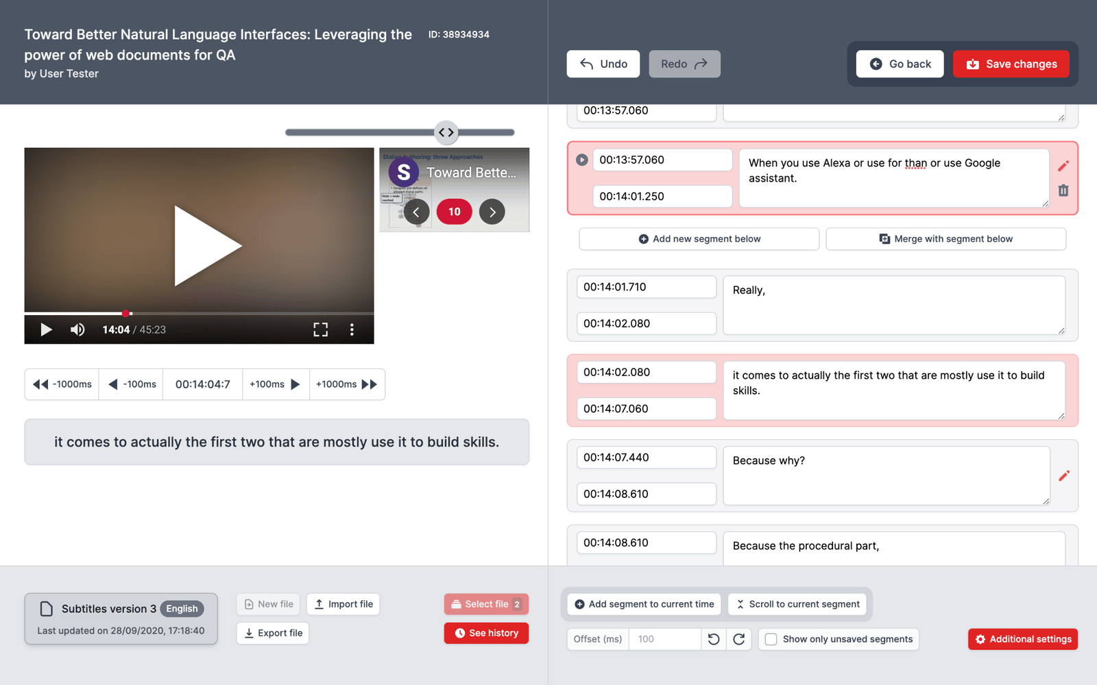 Subtitle editor application interface screenshot